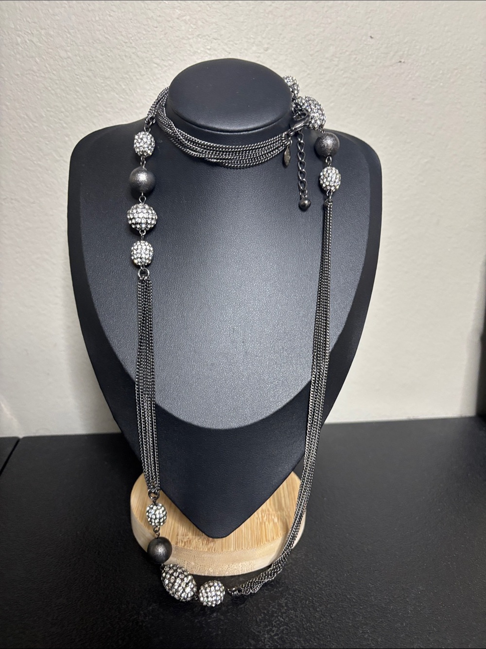 Chico’s Elegant Gunmetal Multi-Strand Lariat Statement Necklace Crystal Beads
